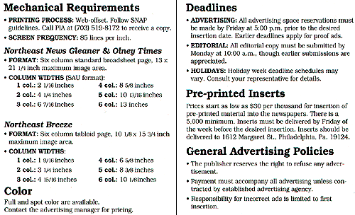 Advertising deadlines, 
details, and other information